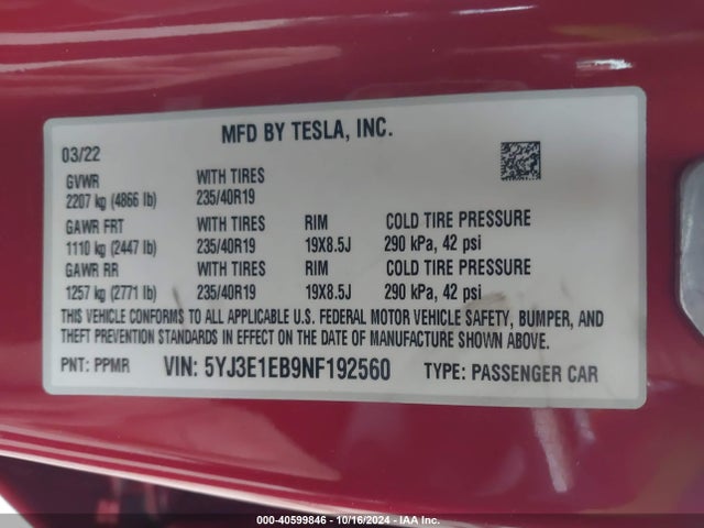 2022 TESLA MODEL 3 5YJ3E1EB9NF192560 Photo 8