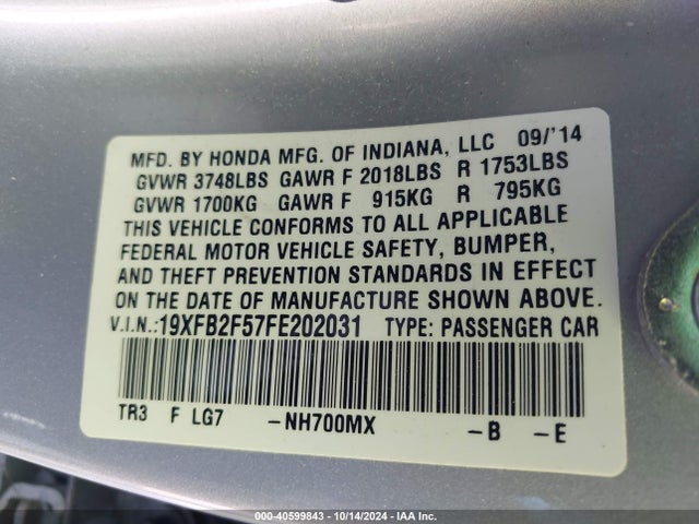 Honda Civic Lx 2015 19XFB2F57FE202031 Image 9
