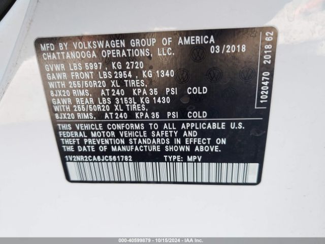 1V2NR2CA6JC561782 Volkswagen Atlas 3.6l V6 Sel Premium