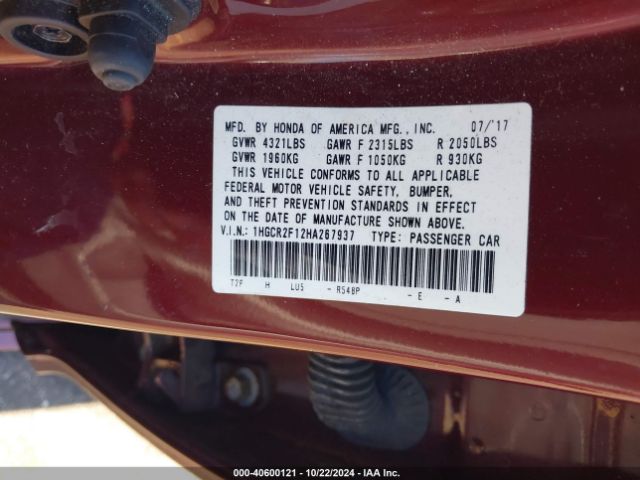 1HGCR2F12HA267937 Honda Accord Sport Se
