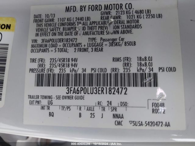 3FA6P0LU3ER182472 Ford Fusion Hybrid Se