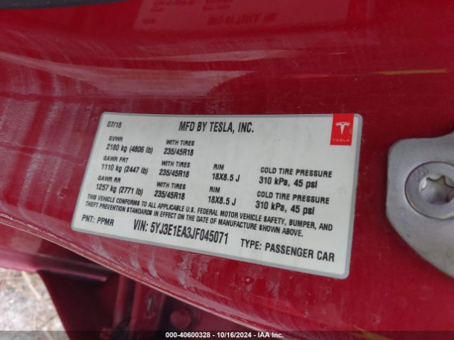 5YJ3E1EA3JF045071 Tesla Model 3 Long Range/mid Range