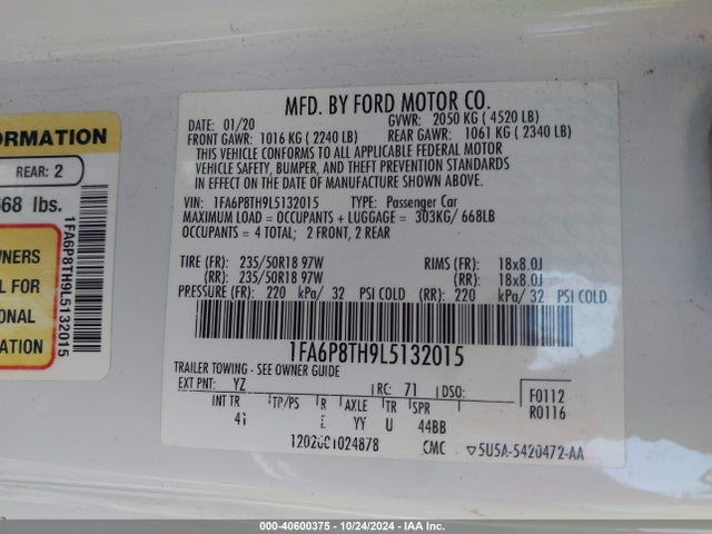 Ford Mustang Ecoboost Premium Fastback 2020 1FA6P8TH9L5132015 Image 9