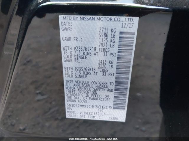 5N1DR2MMXJC630619 Nissan Pathfinder Sv