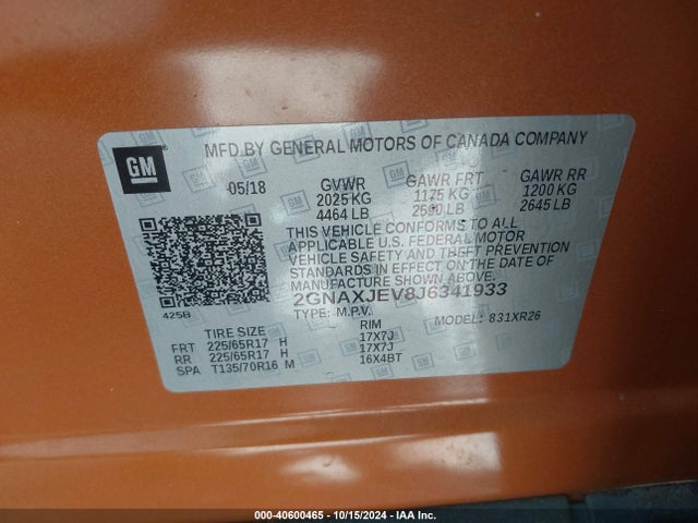 Chevrolet EQUINOX LT 2018 2GNAXJEV8J6341933 Image 9