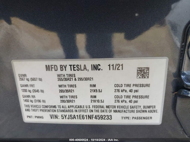 2022 TESLA MODEL S 5YJSA1E61NF459233 Photo 8