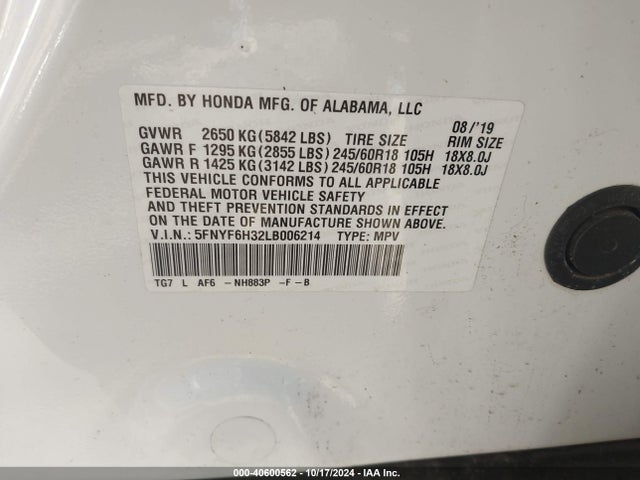 Honda Pilot Awd Ex 2020 5FNYF6H32LB006214 Image 9