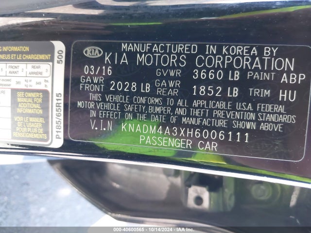 KNADM4A3XH6006111 KIA RIO LX