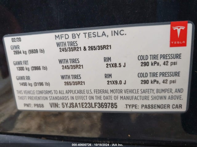 2020 TESLA MODEL S 5YJSA1E23LF369785 Photo 8