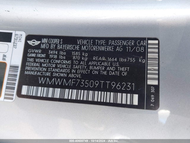 2009 MINI COOPER S WMWMF73509TT96231 Photo 8