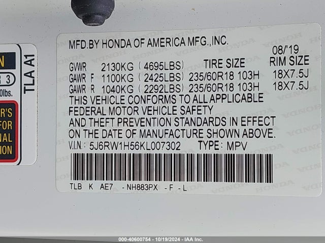 Honda CR-V EX 2019 5J6RW1H56KL007302 Image 9