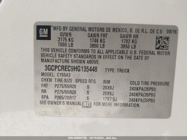 3GCPCREC9HG135448 Chevrolet Silverado 1500 1lt