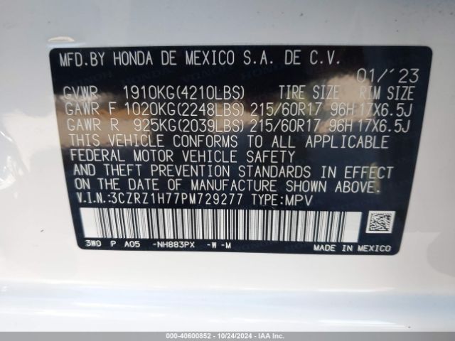3CZRZ1H77PM729277 Honda Hr-v 2wd Ex-l