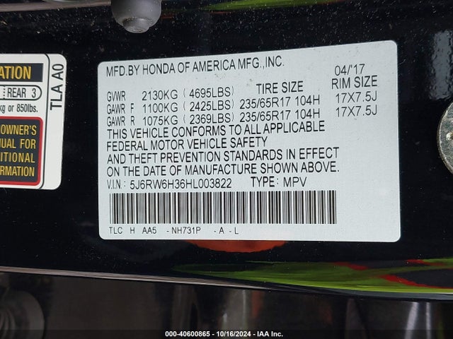 Honda CR-V LX 2017 5J6RW6H36HL003822 Image 9