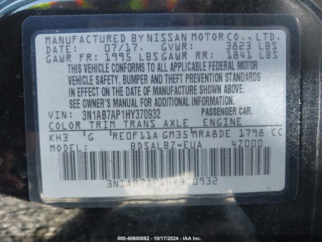 Nissan SENTRA S 2017 3N1AB7AP1HY370932 Image 9