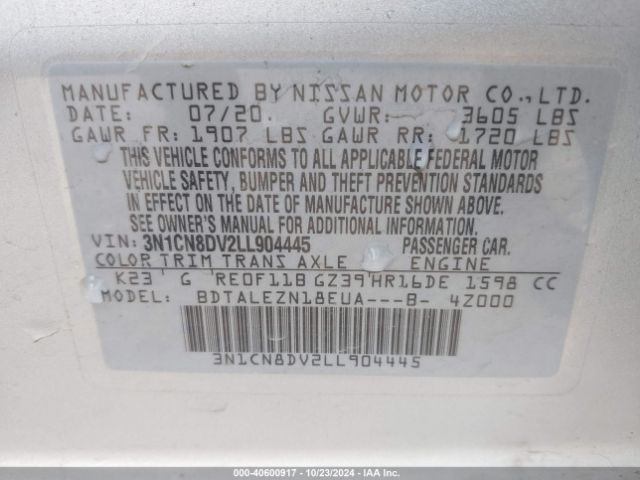 3N1CN8DV2LL904445 Nissan Versa S Xtronic Cvt