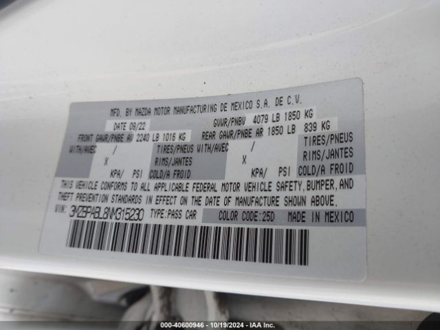 3MZBPABL8NM315230 Mazda Mazda3 Select