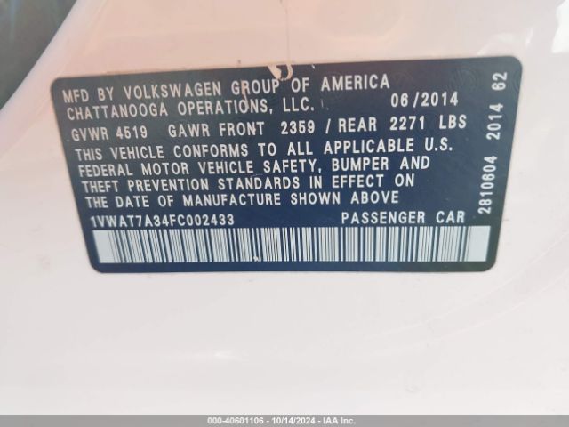 1VWAT7A34FC002433 Volkswagen Passat 1.8t S