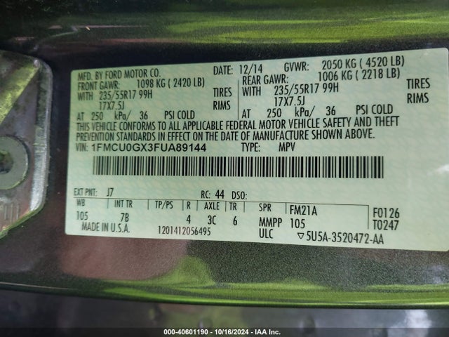 Ford ESCAPE SE 2015 1FMCU0GX3FUA89144 Image 9