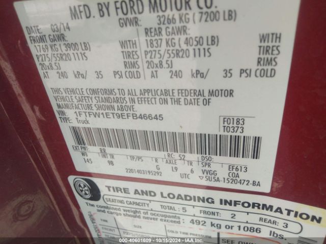 1FTFW1ET9EFB46645 Ford F-150 Platinum