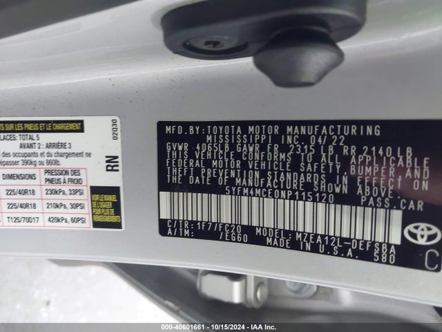 5YFM4MCE0NP115120 Toyota Corolla Se 6mt