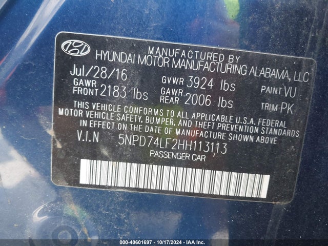 Hyundai ELANTRA SE 2017 5NPD74LF2HH113113 Image 9