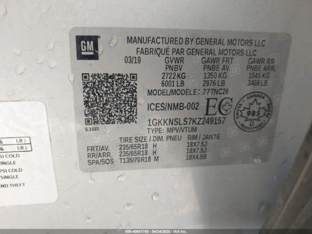 1GKKNSLS7KZ249157 GMC Acadia Sle-2