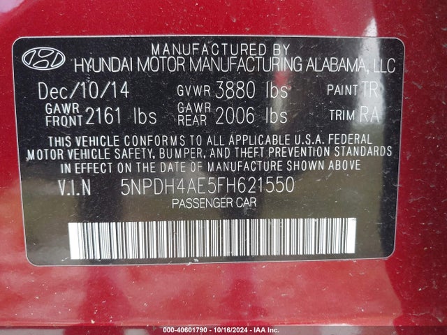 Hyundai ELANTRA SE 2015 5NPDH4AE5FH621550 Image 9