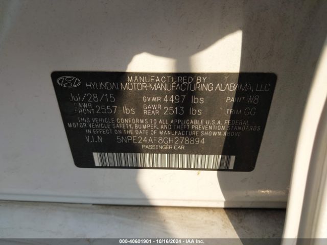 5NPE24AF8GH278894 Hyundai SONATA SE