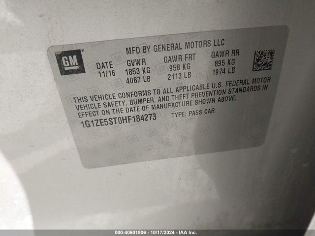 40601906 :رقم المزاد ، 1G1ZE5ST0HF184273 vin ، 2017 Chevrolet Malibu 1lt مزاد بيع