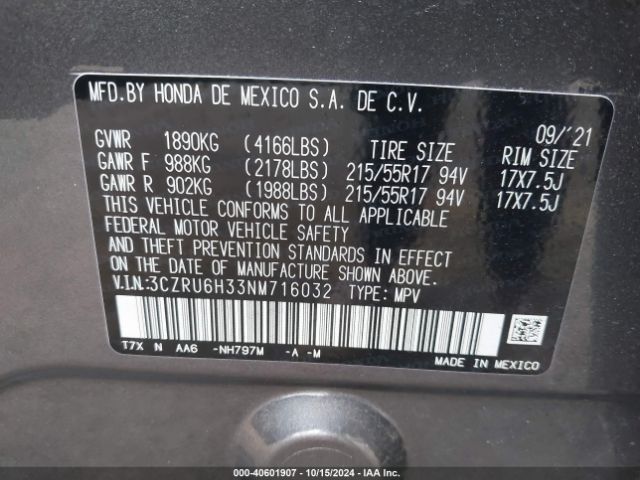 3CZRU6H33NM716032 Honda Hr-v Awd Lx