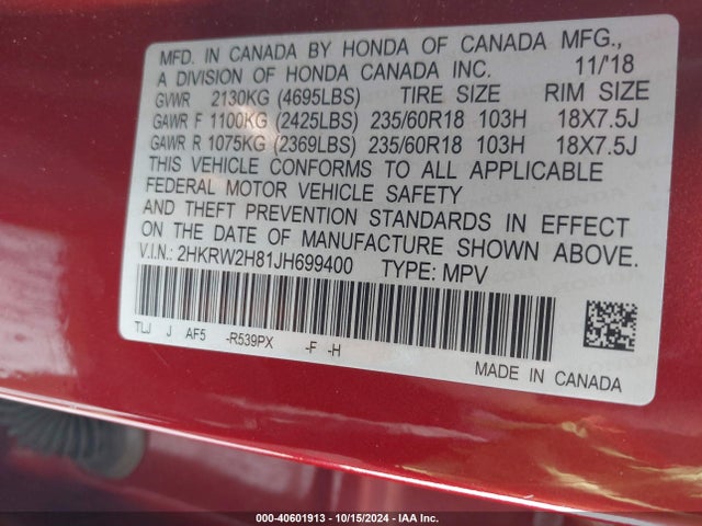 2HKRW2H81JH699400 Honda Cr-v Ex-l/ex-l Navi