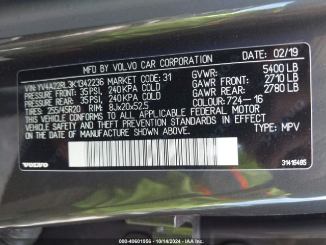 YV4A22RL3K1342236 Volvo Xc60 T6 Inscription