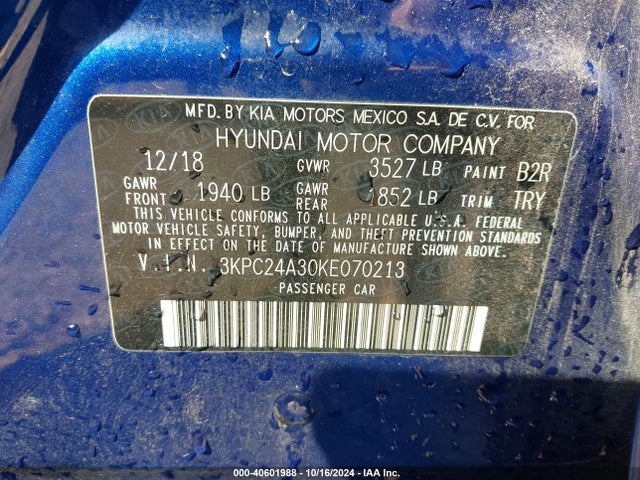 2019 Hyundai Accent Se მანქანა იყიდება აუქციონზე, vin: 3KPC24A30KE070213, აუქციონის ნომერი: 40601988