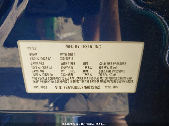 2022 TESLA MODEL Y 7SAYGDEE7NA015162 Photo 8