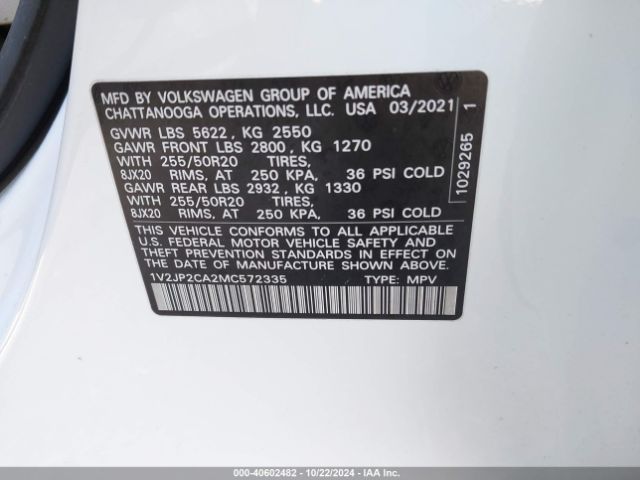 1V2JP2CA2MC572335 Volkswagen Atlas 2.0t Se W/technology