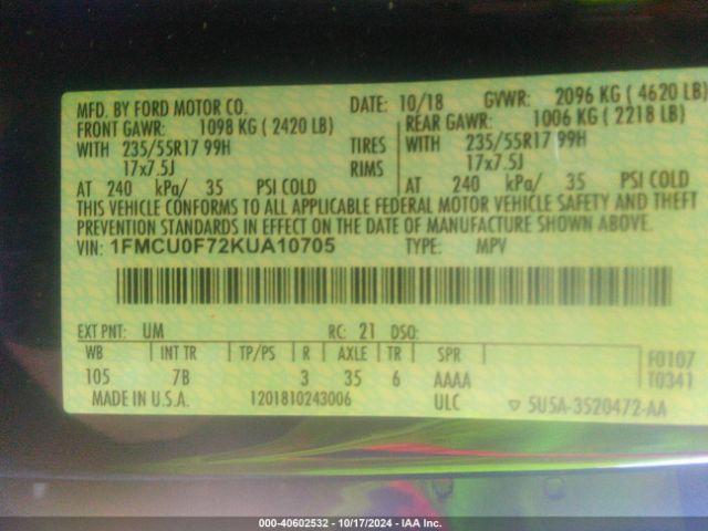 1FMCU0F72KUA10705 Ford ESCAPE S