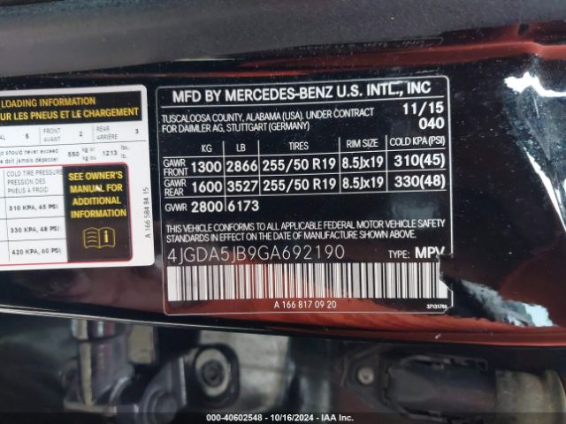 4JGDA5JB9GA692190 Mercedes-Benz GLE 350
