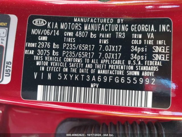 5XYKT3A69FG655992 KIA SORENTO LX
