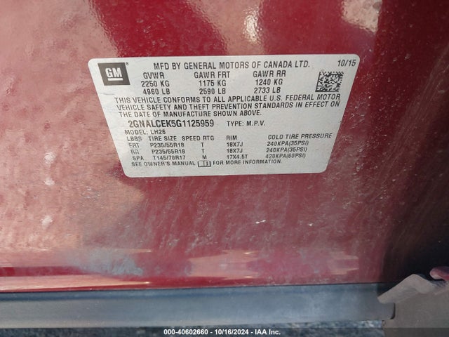 Chevrolet EQUINOX LT 2016 2GNALCEK5G1125959 Image 9