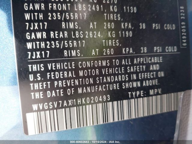 WVGSV7AX1HK020493 Volkswagen Tiguan 2.0t Wolfsburg Edition