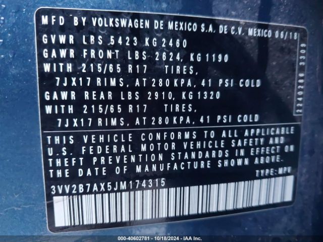 3VV2B7AX5JM174315 Volkswagen Tiguan 2.0t Se/2.0t Sel