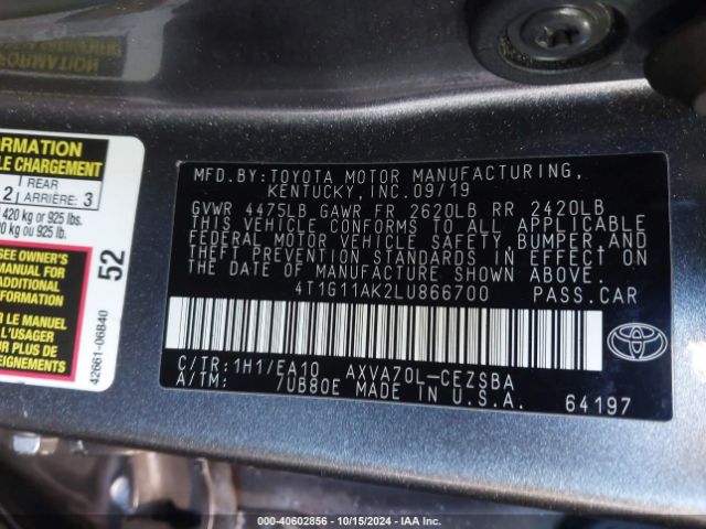4T1G11AK2LU866700 Toyota CAMRY SE