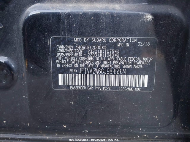 Subaru Wrx Sti Limited 2018 JF1VA2W68J9835924 Image 9