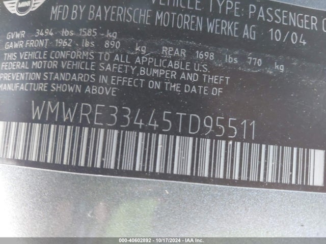 2005 MINI COOPER S WMWRE33445TD95511 Photo 8