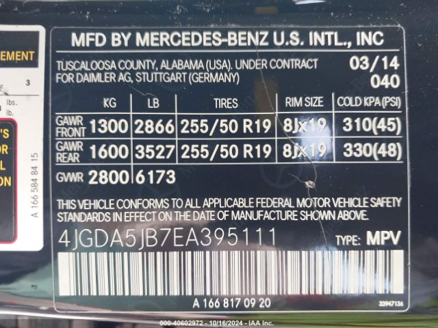 4JGDA5JB7EA395111 Mercedes-Benz ML 350