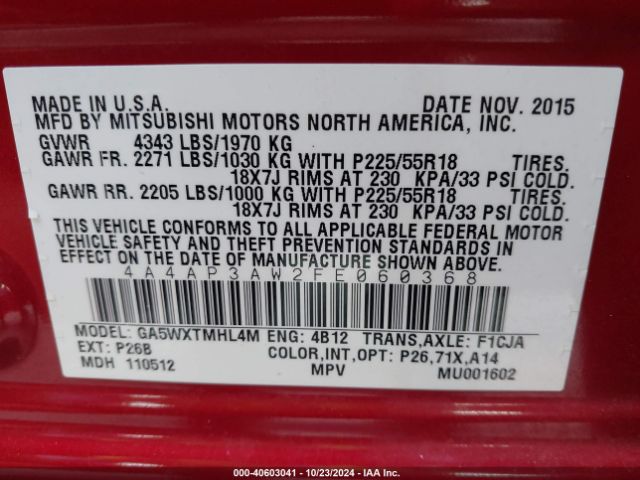 4A4AP3AW2FE060368 Mitsubishi Outlander Sport Es