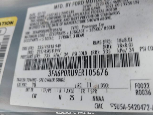 3FA6P0RU9ER105676 Ford Fusion Hybrid Titanium