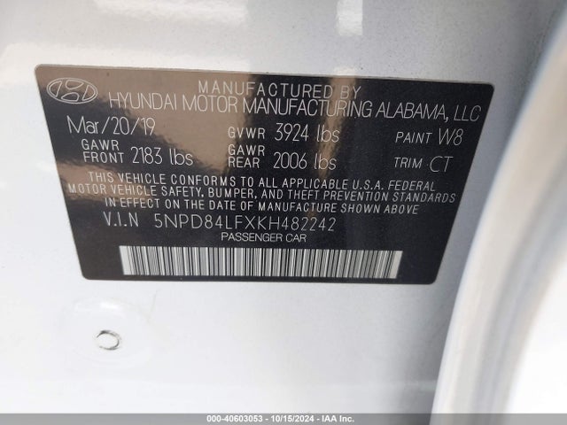 Hyundai ELANTRA SEL 2019 5NPD84LFXKH482242 Image 9