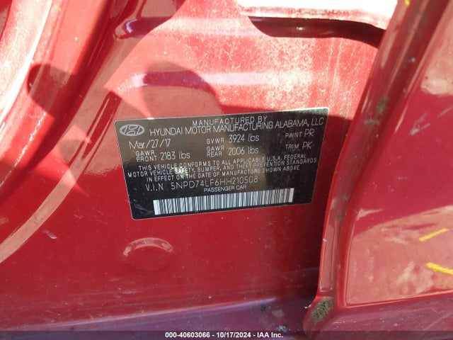 Hyundai ELANTRA SE 2017 5NPD74LF6HH210508 Image 9